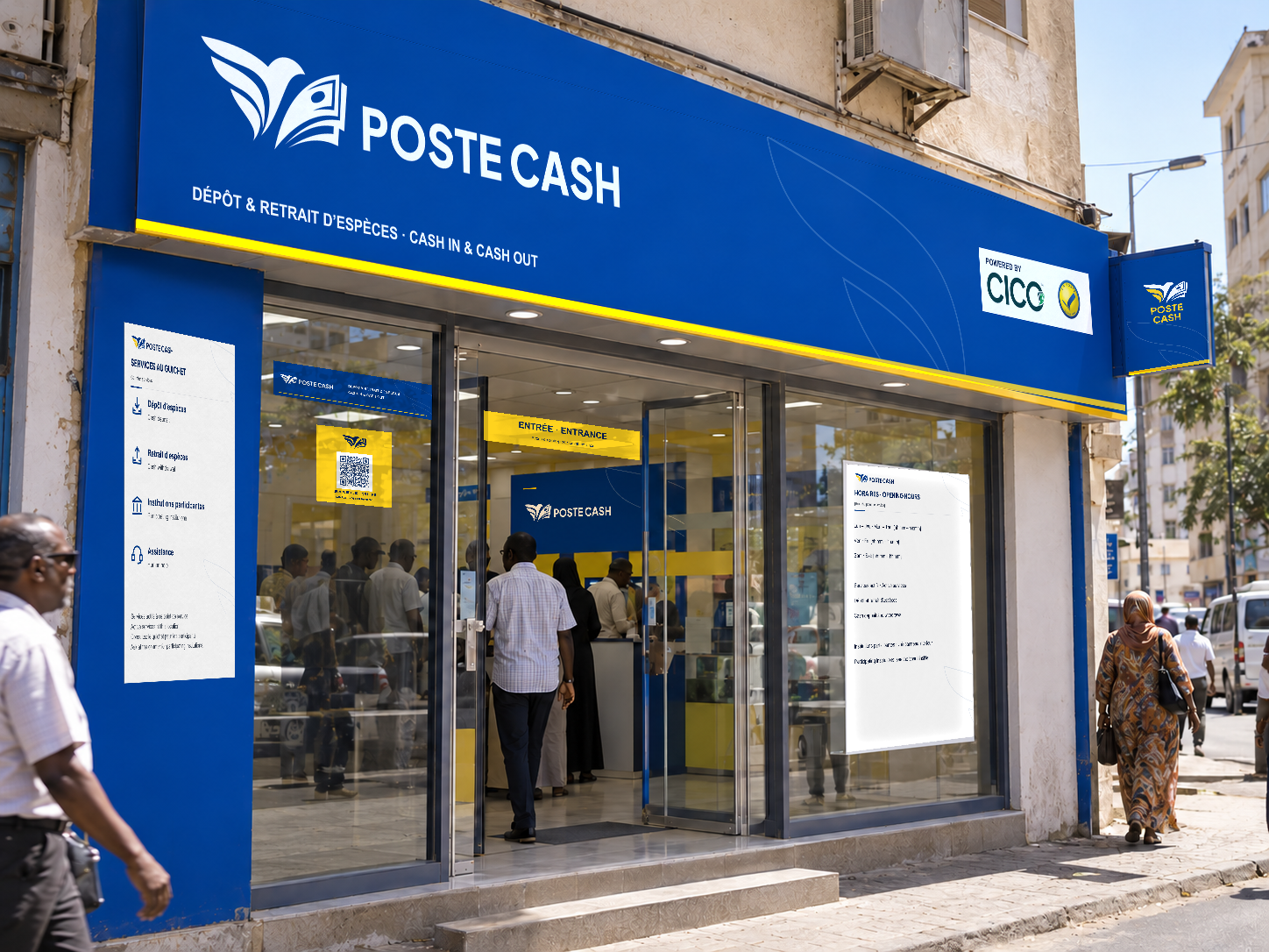 Illustration d’un guichet Poste Cash, aux couleurs bleues et jaunes